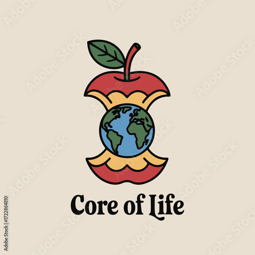Retro-styled illustration depicting Earth nestled within a bitten apple; vibrant colors, bold outlines, conveying a hopeful and optimistic mood about environmental sustainability and the core of life
