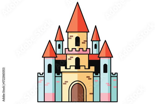 Vector art of a colorful cartoon castle with towers and turrets, the castle is made of stone and has a large gate and several windows