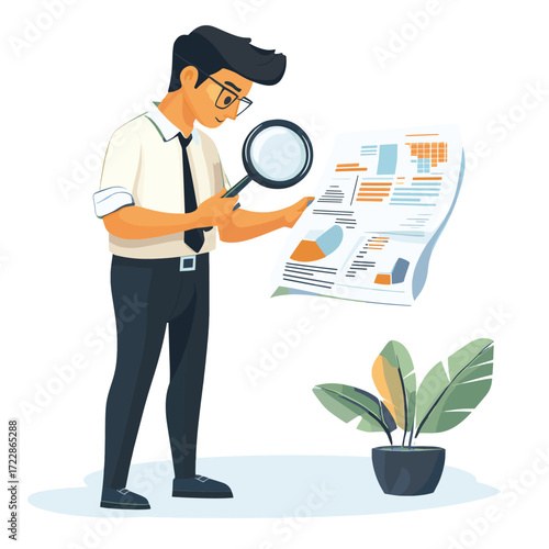 Businessman hold magnifying glass, outsource accounting service external audit bookkeeper flat vector illustration, isolated on white. , vector style simple color