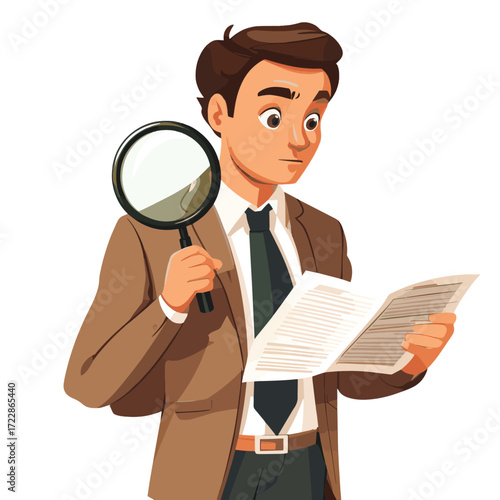 Businessman hold magnifying glass, outsource accounting service external audit bookkeeper flat vector illustration, isolated on white. , vector style simple color