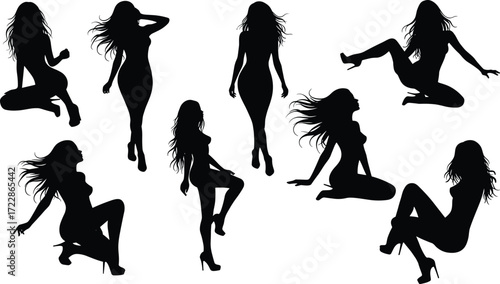 Silhouettes of women with flowing hair in high heels, elegant feminine poses, fashion model silhouettes, beauty and glamour collection.