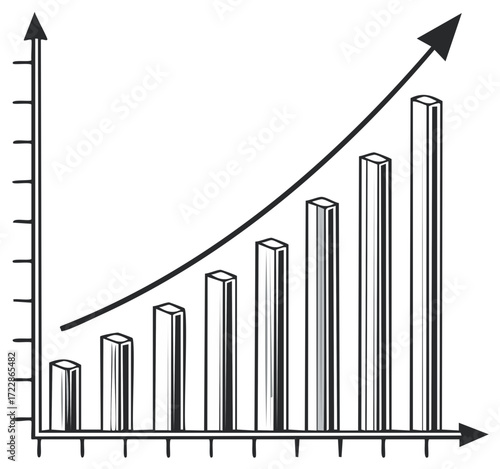 Hand drawn bar graph with upward trending arrow indicating growth and success