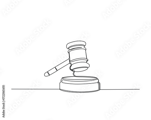 Judge's hammer over the the block outline drawing illustration. one continuous line drawing of justice hammer.