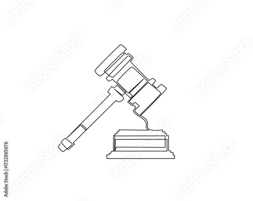 Judge's hammer over the the block outline drawing illustration. one continuous line drawing of justice hammer.