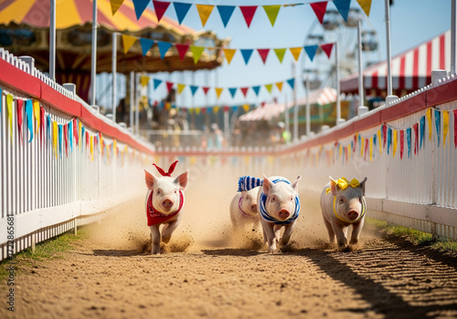 Four small pigs in colorful outfits race down a sandy track at a fairground.