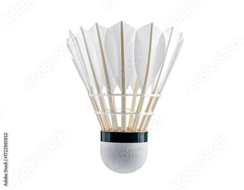 Badminton shuttlecock, white feathers on a light gray base