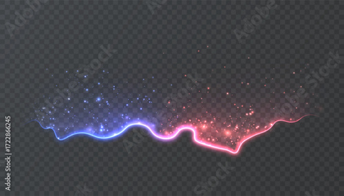 A glowing red-blue energy line with shimmering particles and a wavy light edge on a transparent background. An abstract glowing border for fantasy magic, combat effects, and sci-fi interfaces.