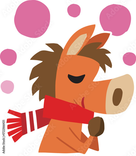 手描きのゆるい午年キャラクター(干支、初詣、マフラー、馬)