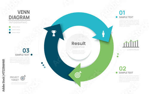 Venn diagram business infographic arrow chart template 3 steps options, presentation with venn diagram elements vector illustration.