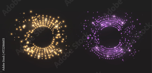 A digital ring of glowing dots with vibrant dynamics and particle scattering on a dark background. Used for high-tech interfaces, music visualization and futuristic design.	
