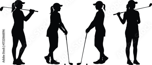 Silhouettes of women golfers holding clubs in various poses, perfect for golf, sports, female athlete, outdoor, fitness, competition.