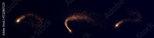 Golden magic comet with many sparkling dust particles and shimmering light effects. Vector light effect for dark background.	
