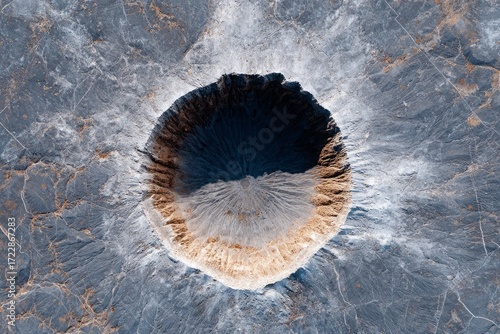 Aerial view of a massive crater in a barren landscape.