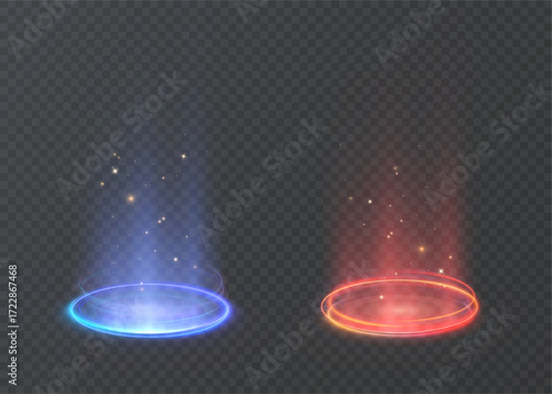 Glowing neon portals, blue and red podiums with glowing energy beams for a dark background. A futuristic sci-fi effect for digital overlays and game design.