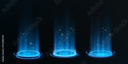 Glowing blue teleportation portals with vertical beams of light and sparkling particles on a dark background. A sci-fi effect for games, magic spells, teleportation effects, and overlays.
