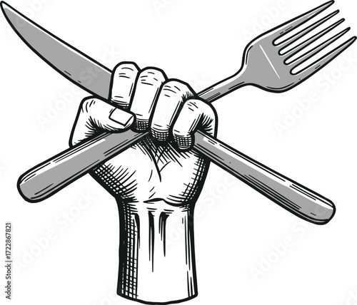 Hand holding knife and fork, food dining illustration, culinary symbol artwork, restaurant graphic design, eating utensils sketch, protest food concept