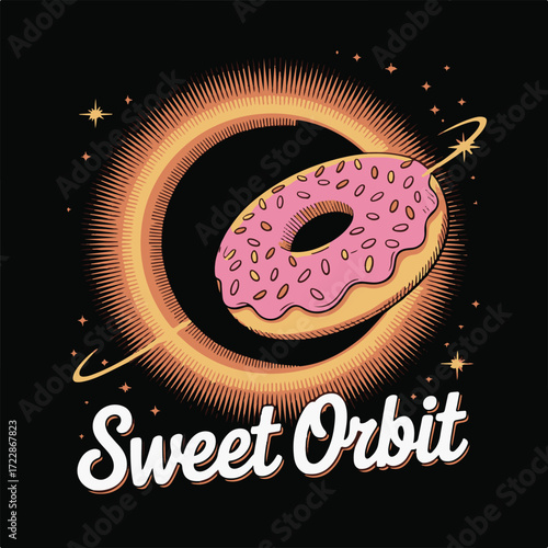 Retro-styled illustration of a pink donut orbiting a sun-like graphic element, featuring a whimsical, space-themed design with a playful and slightly surreal mood, perfect for branding, apparel