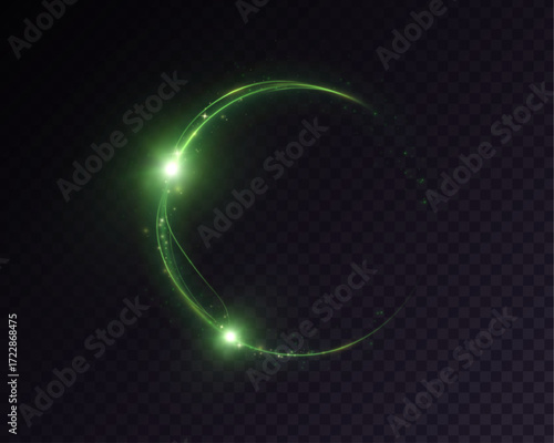 A glowing green trail forms a circular spiral with two bright flashes on a transparent background. An abstract, glowing vortex for modern design accents.