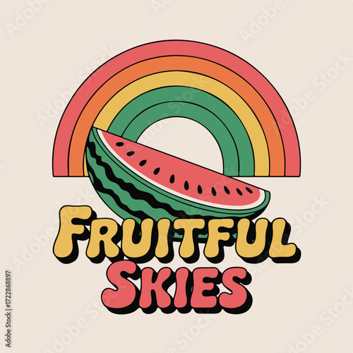Retro styled illustration of a watermelon slice beneath a vibrant rainbow, showcasing a cheerful and summery mood, perfect for branding, social media, or print designs emphasizing fruity themes