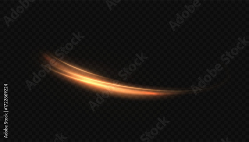 A golden, glowing, curved light strip with soft, shimmering edges and subtle sparkles on a dark, transparent mesh. A dynamic, luminous arc for design and illustration.