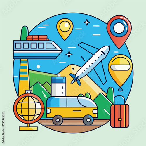 Airplane car ferry globe and suitcase travel icons in circle vacation transportation