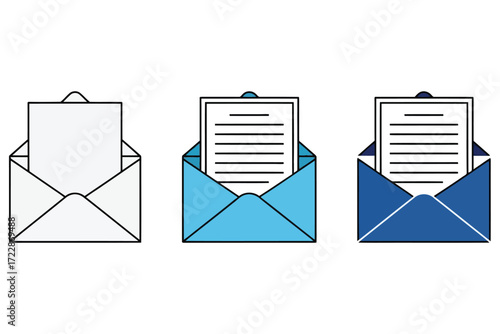 Vector art of this vector image features three envelopes, each in a different style, the first is a simple outline, the second is light blue, and the third is dark blue