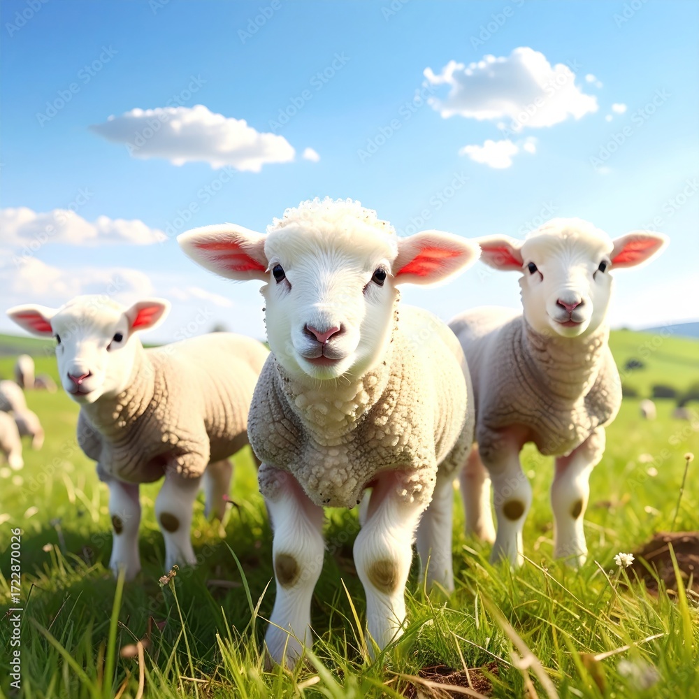 Fototapeta premium Three fluffy, white lambs stand in a sunny green field under a bright blue sky with scattered clouds. Soft, pastoral, and charming