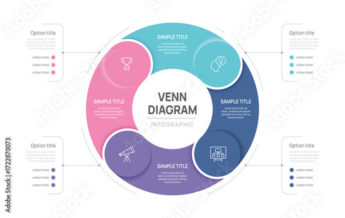 Venn diagram business infographic circle chart template 4 options, presentation with venn diagram elements vector illustration.