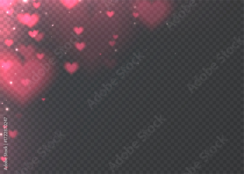Pink glowing hearts with sparkles and sparks on a transparent background. Vector romantic element for background overlays.