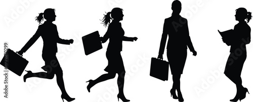 Silhouettes of a businesswoman running, walking, and standing confidently with a briefcase and folder, portraying professionalism and dynamic work life