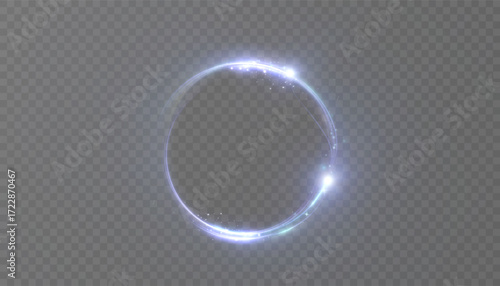 A glowing blue ring with flickering highlights and a bright halo on a transparent background. Vector light effect of a round frame.