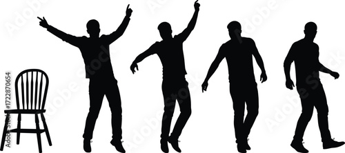 Silhouettes of a man dancing and moving in different dynamic poses, empty chair, expressive motion, human figure, energy, activity