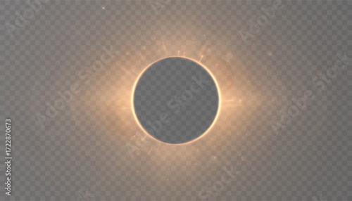 A glowing solar eclipse circle with a golden corona of light on a transparent background. An abstract glowing ring for sci-fi themes, space images, and logos.