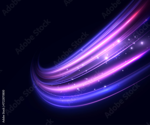 A background with bright lines of light in motion, creating an effect of acceleration and depth. A vector element for futuristic design.