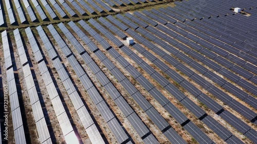 Aerial view to a solar panels in solar park near to Malko Tarnovo, Burgas, Bulgaria