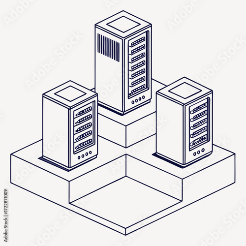 Vector art of isometric illustration of three server towers on a platform, a minimalist design showcasing data storage and processing in a clean, modern style