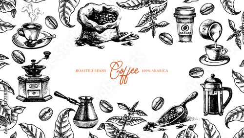 Hand drawn coffee shop frame. Cafe menu, bakery branding, packaging design. Vintage sketch vector background