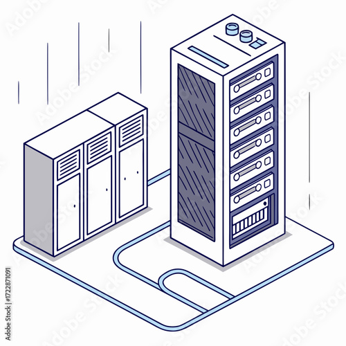 Vector art of isometric illustration of a server rack connected to a power distribution unit, showcasing data center infrastructure and network connectivity