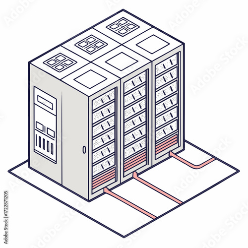 Vector art of isometric illustration of a server room with multiple server racks, network cables, and cooling systems, depicts data center infrastructure and it equipment