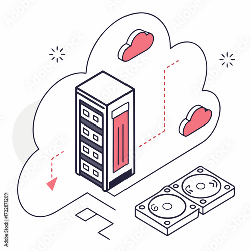 Vector art of isometric illustration showcasing a cloud server configuration, emphasizing data storage and network infrastructure, ideal for tech and cloud themes