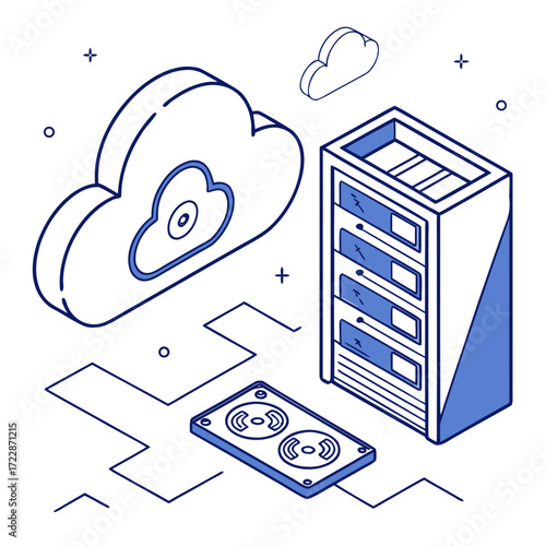 Vector art of isometric illustration of a cloud server setup, highlighting data storage and network infrastructure, perfect for technology and cloud computing concepts