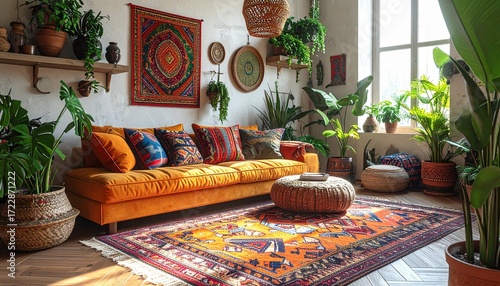 Bohemian living room with orange sofa, plants, and patterned rug.