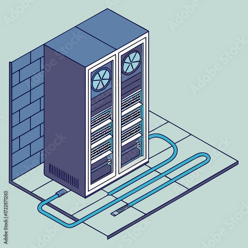 Vector art of isometric illustration of a server room with a server rack, network cables, and cooling system depicts data center infrastructure and it equipment