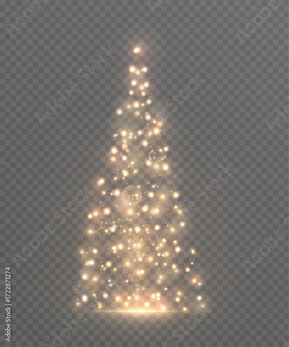 A glowing Christmas tree made of sparkling lights on a transparent background. A vector holiday illustration for New Year's decorations and winter decor.