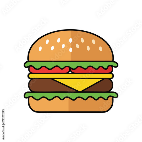 A cheeseburger with lettuce, tomato, beef patty, cheese slice, and sesame seed bun. Represents fast food, American cuisine, or quick meals.