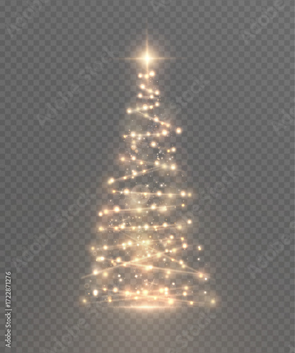 A glowing Christmas tree made of golden lights on a transparent background. Vector holiday illustration for New Year's design and winter decorations.
