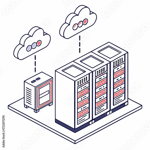 Vector art of isometric illustration of a server farm connected to clouds, representing cloud computing and data storage great for tech and business presentations