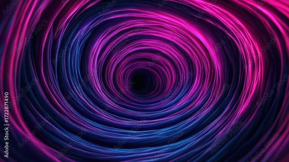 Fototapeta premium Abstract glowing purple and blue neon light lines forming a vibrant optical illusion tunnel or vortex. Digital technology concept