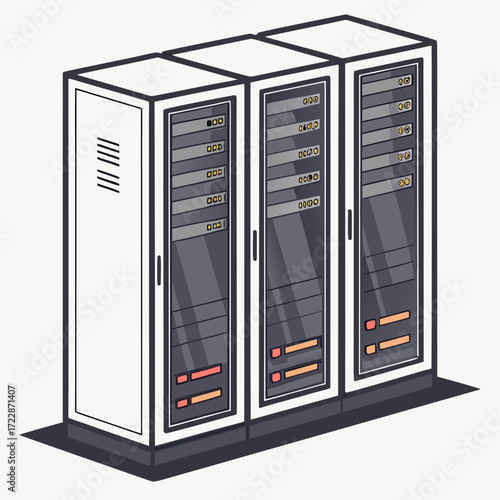 Illustration of three server racks standing side by side, the server racks are tall and contain various computer equipment and components