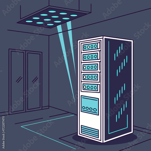 Illustration of a server room with a server rack under surveillance lighting, highlighting data center security and infrastructure management in a controlled environment